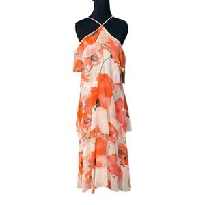 NWT CeCe 14 Asymmetrical Floral watercolor tiered Dress Red and White halter